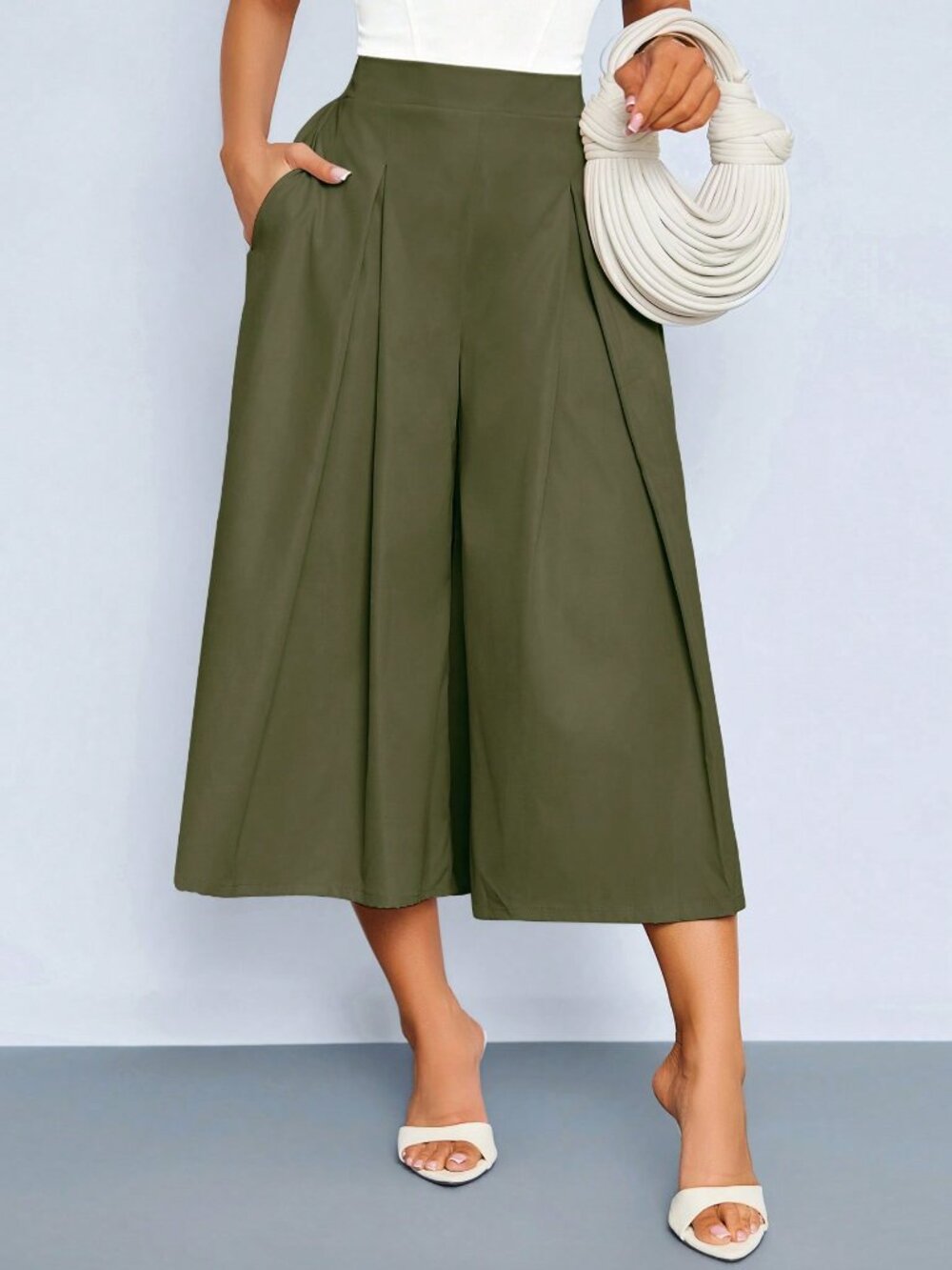 Army Green Casual Women's Casual High-Waist Pleated Capri Pants - Picture 7 of 10